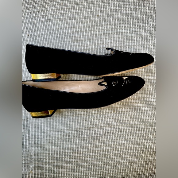 🕷️🕸️ Charlotte Olympia Italian Leather Black Embroidered Velvet Cat Kitten Flats - Picture 3 of 9